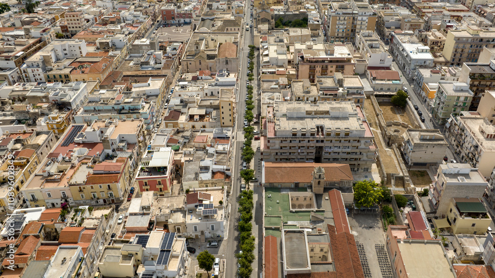 Fototapeta premium Aerial view of a street located in the historic center of Manfredonia, in the province of Foggia, Puglia, Italy.
