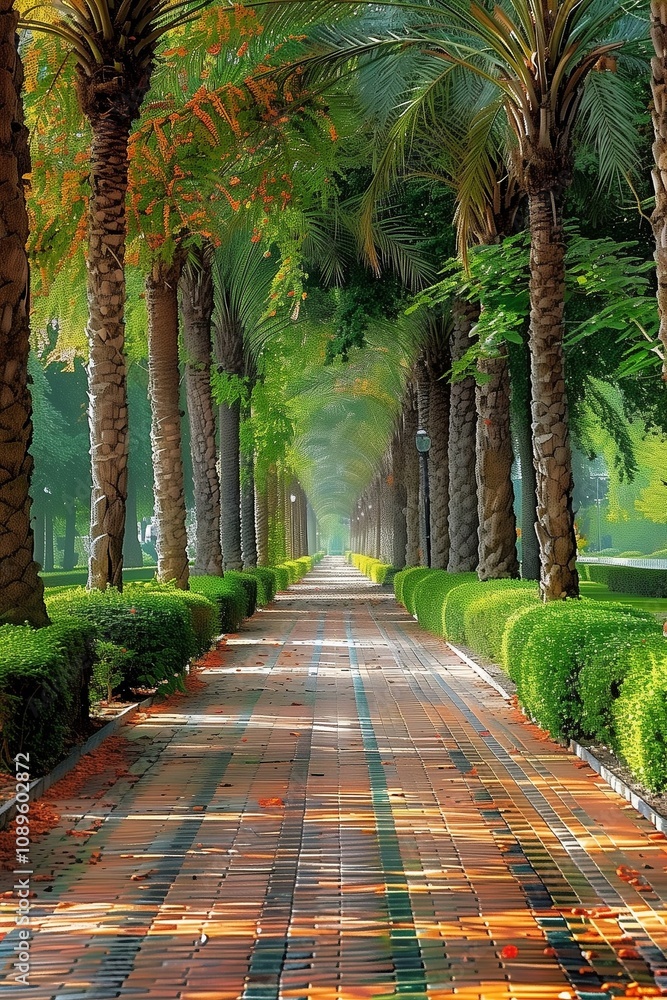 Fototapeta premium A beautiful walkway in a park lined with refreshing trees along the way