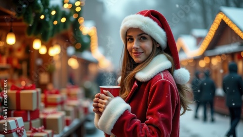 Smiling woman in a Santa outfit holding a cup of hot drink at a cozy Christmas market