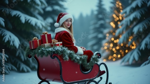 Smiling woman in Santa outfit sitting on a sleigh full of gifts in a snowy forest