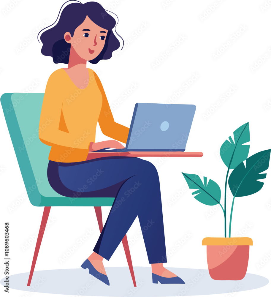 a girl is using his laptop vector a girl is using his laptop vector