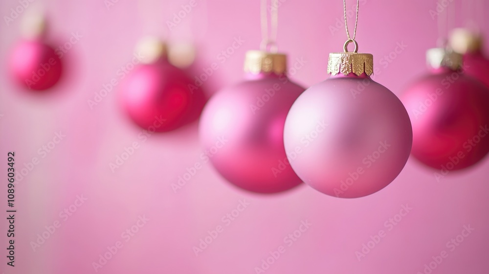 Fototapeta premium A string of pink ornaments suspended from above, perfect for festive decoration or as an illustration in holiday-themed articles
