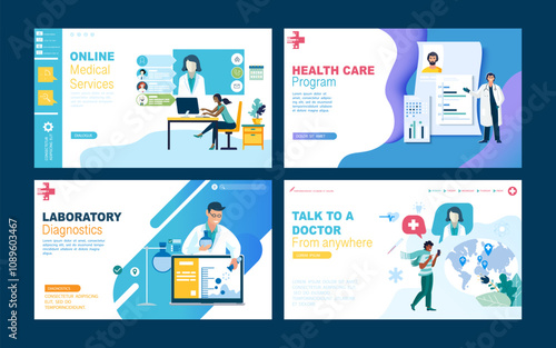 Set of web page design templates for online medical support, health care, laboratory, medical services. People, medical workers. Vector illustration concepts for website and mobile website development