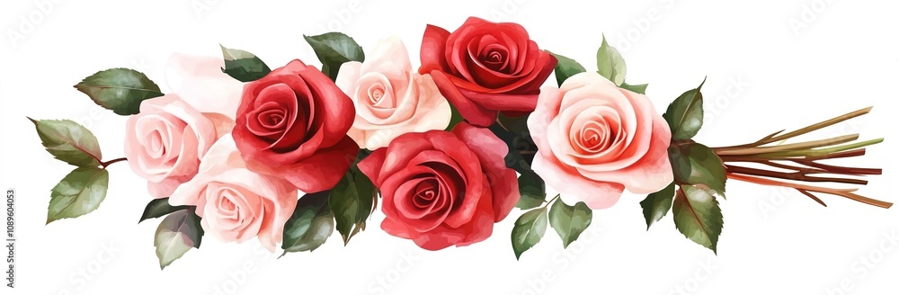 Naklejka premium A beautiful bouquet of red and pink roses with green leaves on a white background