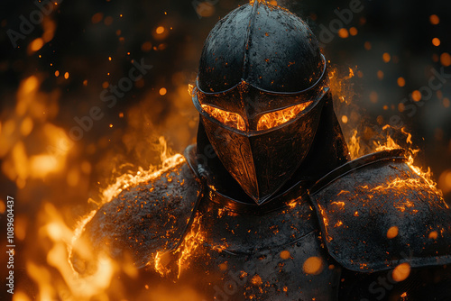 a dark knight in armor engulfed in flames. His helmet and armor are covered in flames, creating an atmosphere of tension and danger.  photo