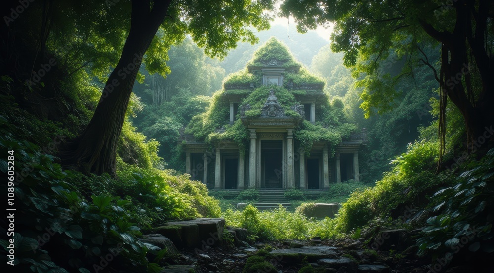 Ancient temple overgrown with lush greenery Ancient temple overgrown with lush greenery
