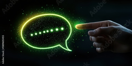 A futuristic hand pointing at a glowing digital speech bubble, representing communication, interaction, and the intersection of technology and dialogue. photo