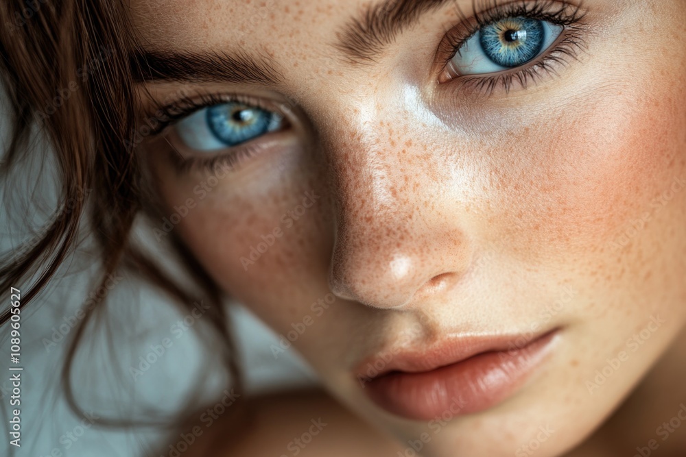 Fototapeta premium A close-up image of a woman's face featuring freckles