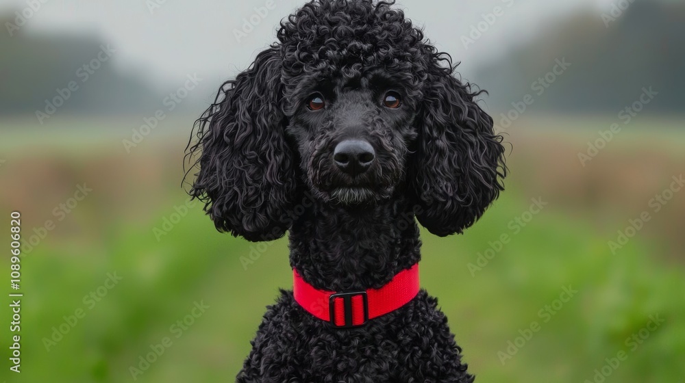 Close-up portrait of a black standard poodle wearing a red collar, outdoors. Close-up portrait of a black standard poodle wearing a red collar, outdoors.