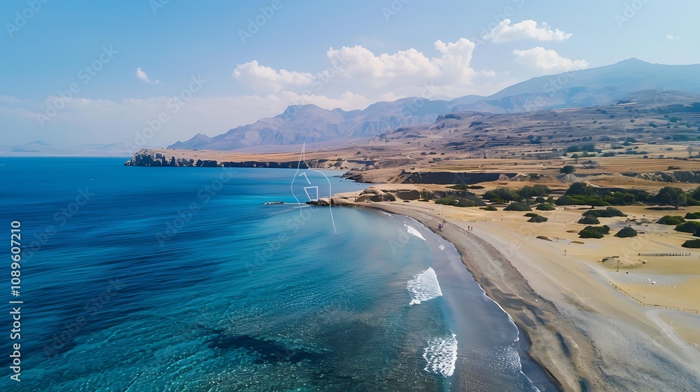 Obraz premium Aerial view of a serene beach with clear blue waters, sandy shores, and distant mountains under a bright sky.