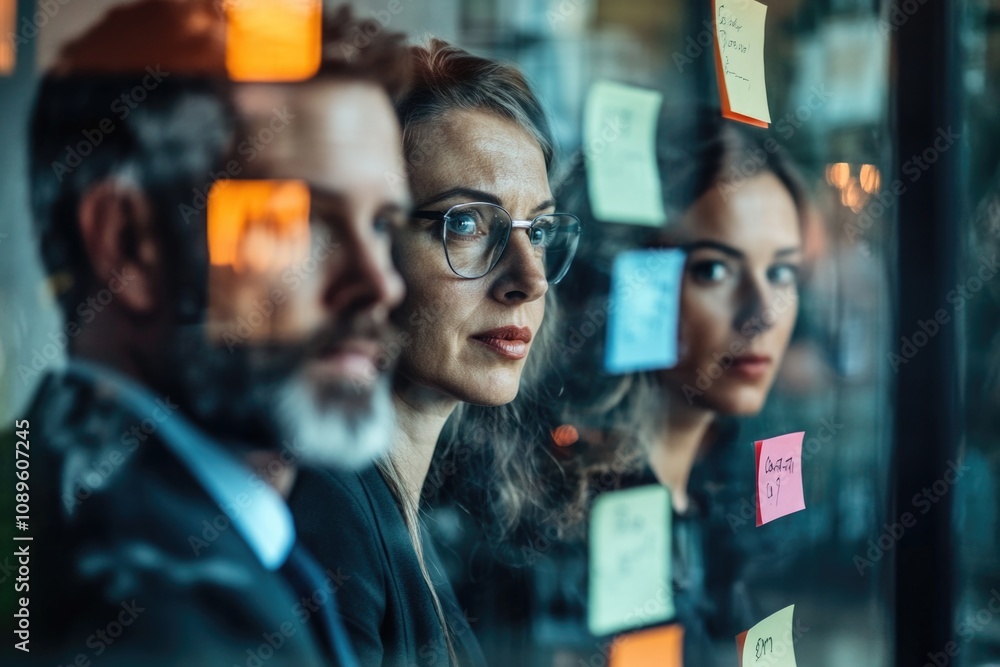 A couple looks at sticky notes on a glass wall, likely brainstorming or planning A couple looks at sticky notes on a glass wall, likely brainstorming or planning