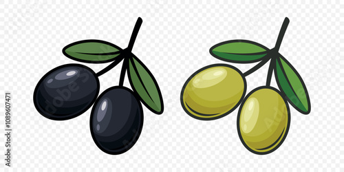 Flat Vector Green and Black Olives Outline Set. Hand-Drawn Olive Tree Berries Clipart. Olive Oil Products, Packaging, Food Design Template