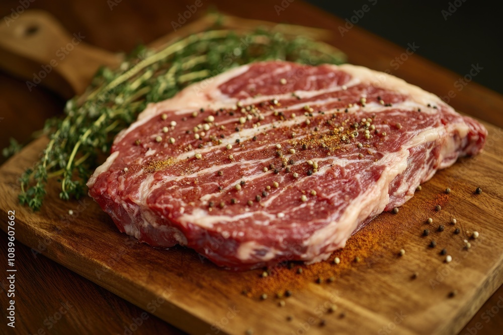 Freshly cut steak sits on a wooden cutting board, perfect for serving or cooking Freshly cut steak sits on a wooden cutting board, perfect for serving or cooking