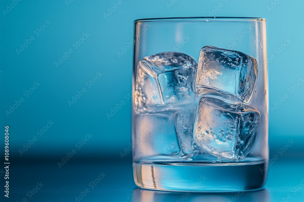 A crystal glass filled with clear ice cubes sits on a smooth surface. The soothing blue backdrop enhances the refreshing vibe of this drink setting. Generative AI A crystal glass filled with clear ice cubes sits on a smooth surface. The soothing blue backdrop enhances the refreshing vibe of this drink setting. Generative AI