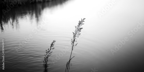 A black and white photo of still water reflecting its surroundings