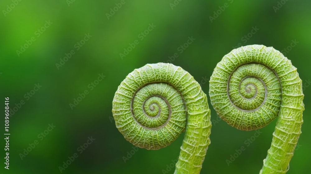 Close-up of two vibrant green fern fiddleheads unfurling against a blurred green background. Close-up of two vibrant green fern fiddleheads unfurling against a blurred green background.