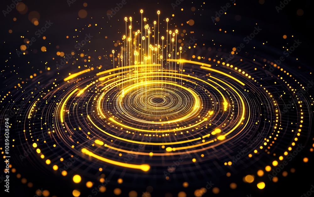 This abstract image features a dynamic display of golden light particles swirling in a circular motion, creating a mesmerizing visual effect against a dark background. This abstract image features a dynamic display of golden light particles swirling in a circular motion, creating a mesmerizing visual effect against a dark background.