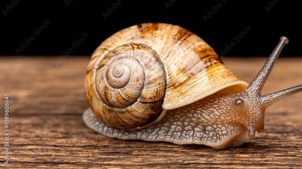 Close-up of a snail crawling on a wooden surface. Close-up of a snail crawling on a wooden surface.