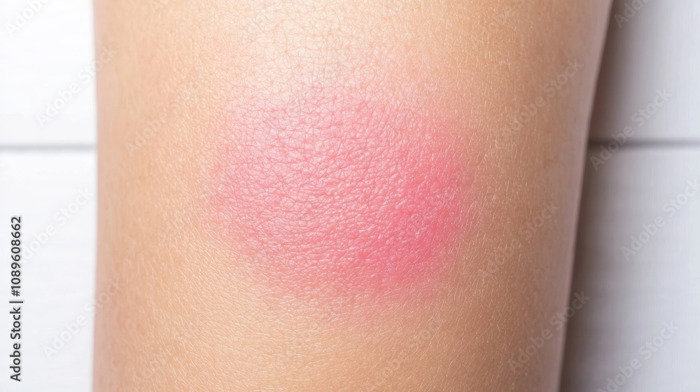 Close-up of a red, inflamed skin rash on a person's arm. Close-up of a red, inflamed skin rash on a person's arm.