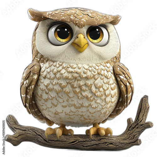 Cute cartoon owl sitting on branch, featuring large expressive eyes and fluffy feathers. This whimsical character adds charm and playfulness to any design