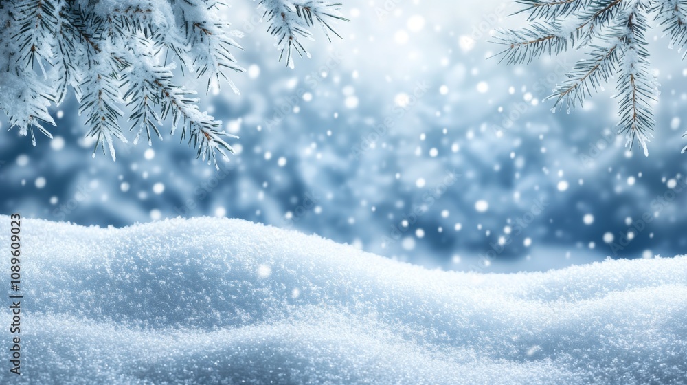 Snow covered pine branches winter wonderland scene Snow covered pine branches winter wonderland scene