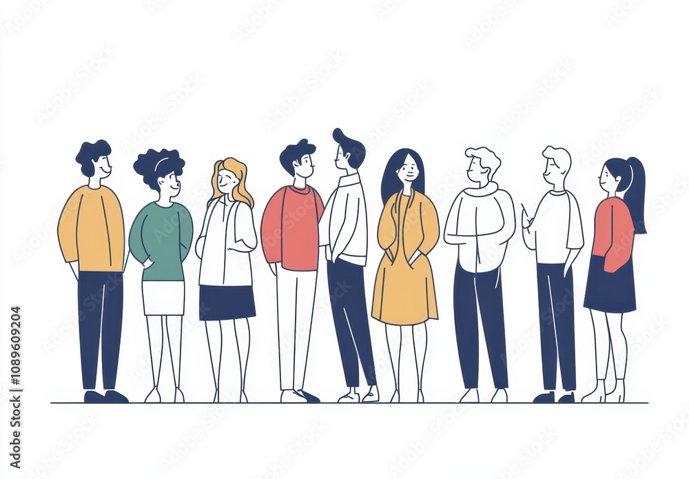 One line drawing of people standing in front of and behind each other, a simple illustration in a minimalistic style, with a black outline on a white background Generative AI One line drawing of people standing in front of and behind each other, a simple illustration in a minimalistic style, with a black outline on a white background Generative AI