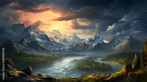A fantasy art painting of mountain with a lake