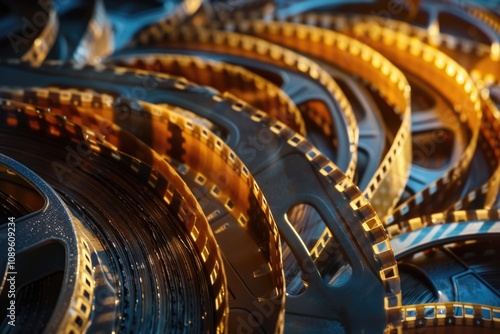 A close-up shot of a collection of old film reels