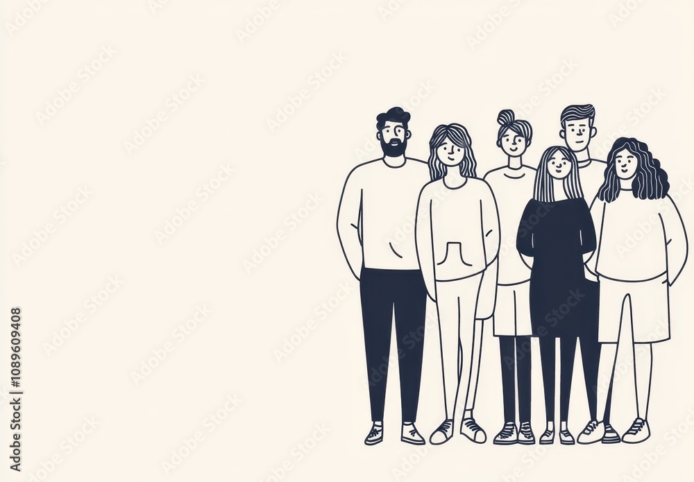 A group of people standing next to each other, line art, simple design, white background, one continuous single thick outline in a single color, minimalistic, hand-drawn doodle Generative AI A group of people standing next to each other, line art, simple design, white background, one continuous single thick outline in a single color, minimalistic, hand-drawn doodle Generative AI