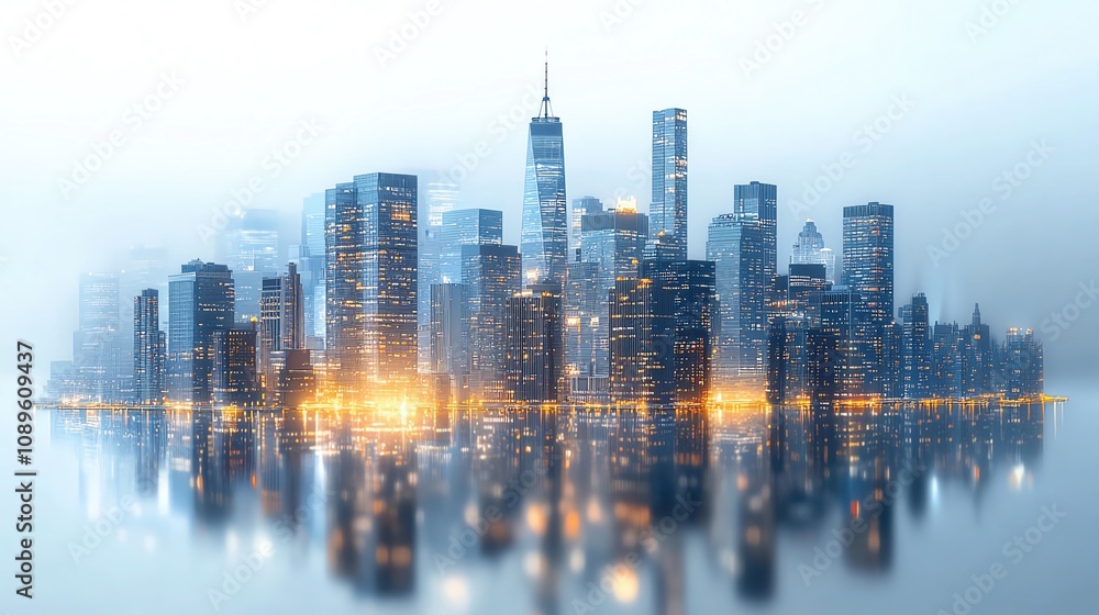 Obraz premium New York City skyline at night with illuminated skyscrapers on an isolated white background. Concept of cityscape and urban design template