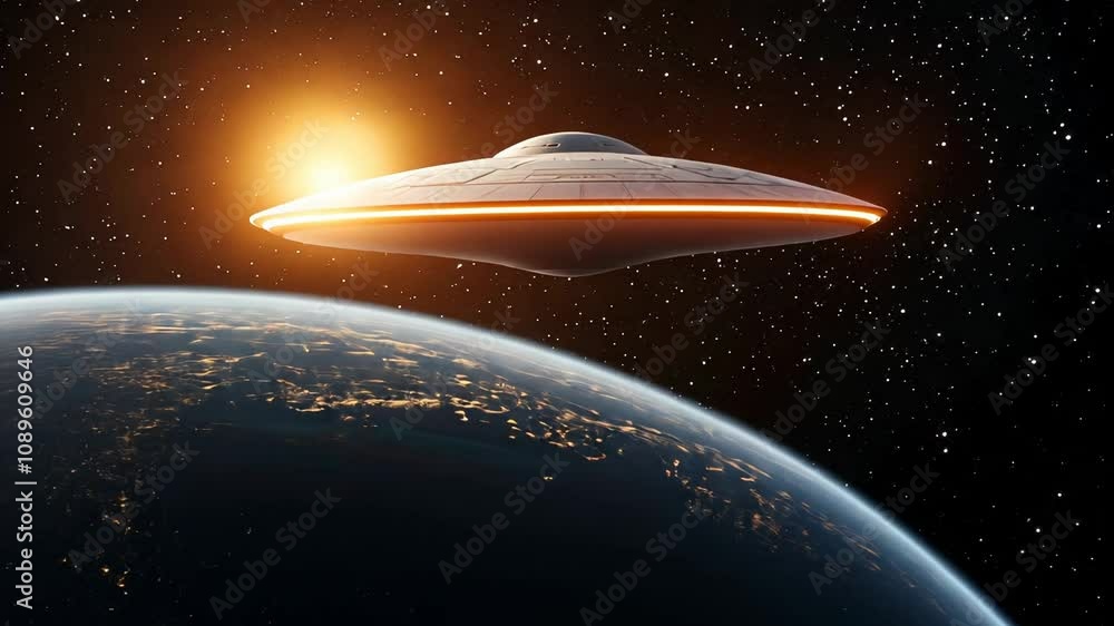 A futuristic UFO hovers above Earth in space, evoking extraterrestrial themes and science fiction A futuristic UFO hovers above Earth in space, evoking extraterrestrial themes and science fiction