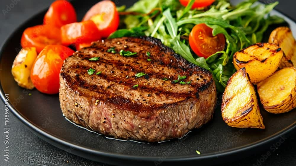 Grilled steak with potatoes and salad, perfect for Father's Day or summer BBQ celebrations Grilled steak with potatoes and salad, perfect for Father's Day or summer BBQ celebrations