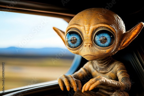 Alien with metallic skin and glowing blue eyes staring at Earth from the window of its spacecraft photo