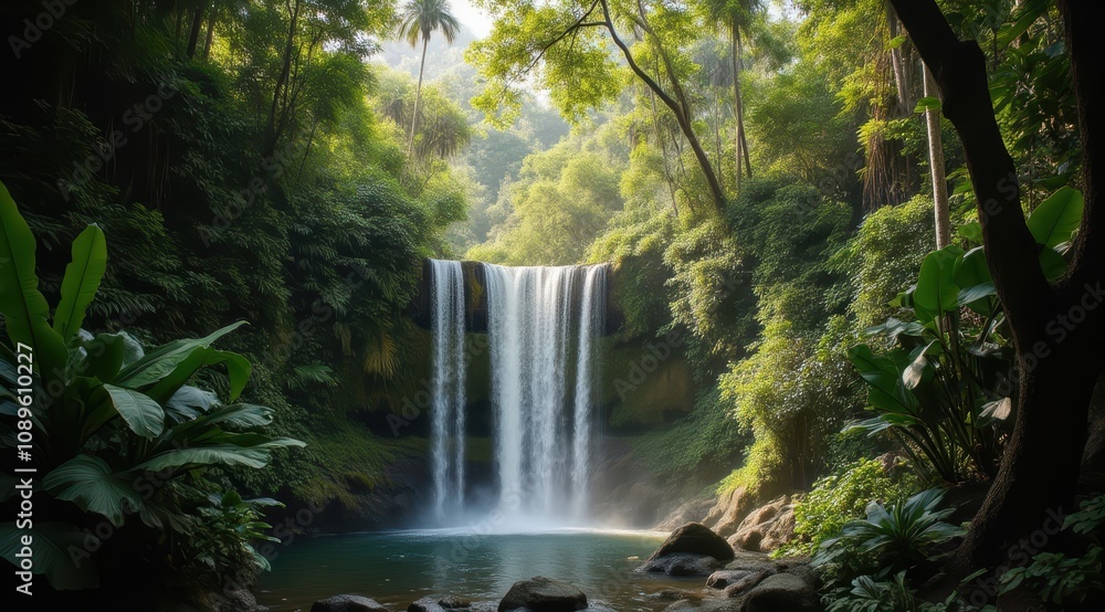 Serene waterfall in lush green rainforest Serene waterfall in lush green rainforest