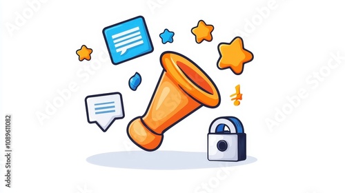 Vibrant Illustration of a Megaphone with Speech Bubbles, Stars, and a Padlock Representing Advertising, Promotions, and Secure Communication Strategies photo