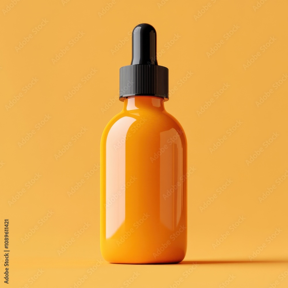 Vibrant Amber-Toned Skincare Bottle on Sunny Yellow Background Vibrant Amber-Toned Skincare Bottle on Sunny Yellow Background