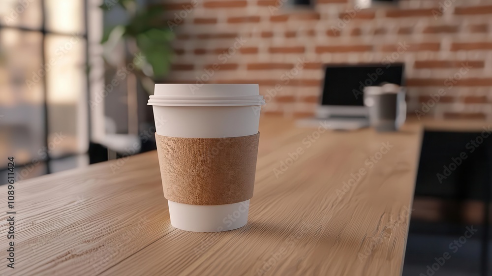 A take-out coffee cup sits on a wooden table in a stylish cafe, showcasing modern interior design and inviting ambiance. A take-out coffee cup sits on a wooden table in a stylish cafe, showcasing modern interior design and inviting ambiance.