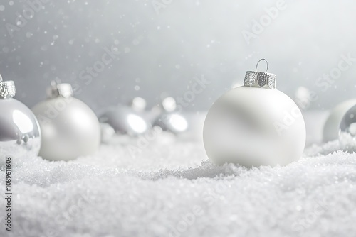 Silver Christmas baubles on snowy surface with subtle glow