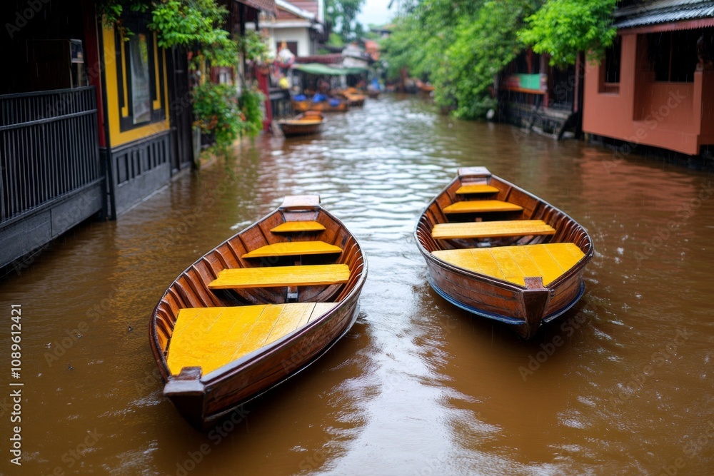 Bangkok's modern malls and shopping districts fading into Ayutthaya's floating market with traditional wooden boats and colorful goods Bangkok's modern malls and shopping districts fading into Ayutthaya's floating market with traditional wooden boats and colorful goods