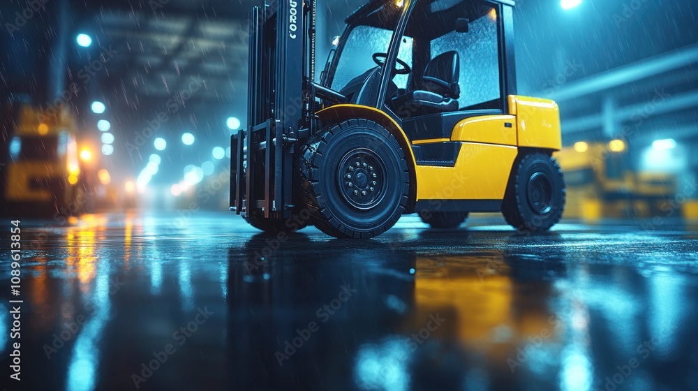 Yellow forklift in rain at night. Yellow forklift in rain at night.