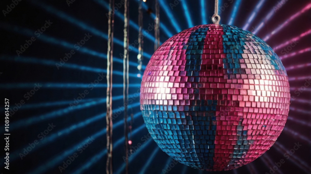 Obraz premium Bola de discoteca rosa y azul reflejando luces 