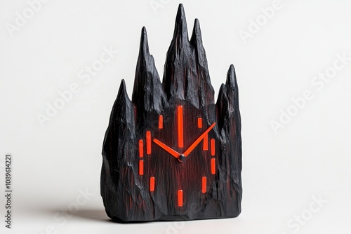 Clock alarm with an eerie design, shaped like a dark cathedral tower with glowing red numbers photo