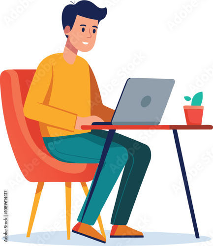 a boy is using his laptop vector