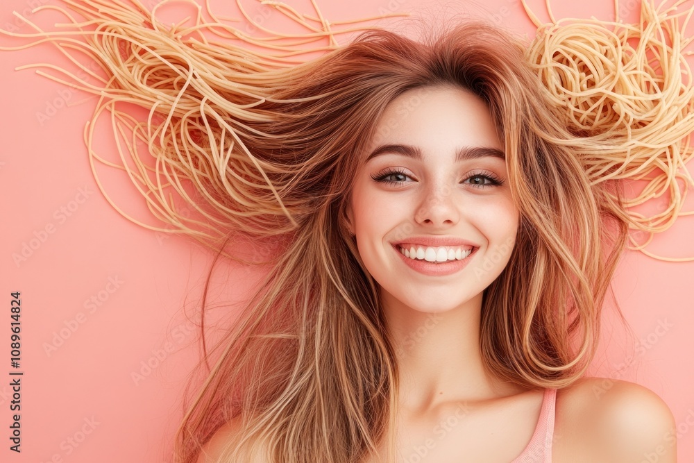 Fototapeta premium Woman laying with playful and artistic pasta hair
