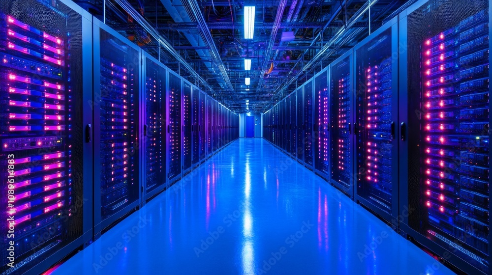 Obraz premium Illuminated Server Racks In Modern Data Center Corridor