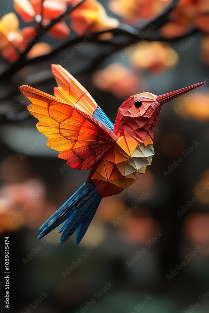 Obraz premium Bright origami hummingbird in vibrant geometric colors, minimalist background soft shadows