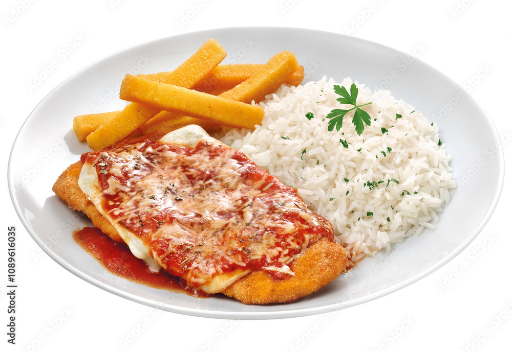 filé a parmegiana acompanhado de polenta frita e arroz branco isolado em fundo transparente filé a parmegiana acompanhado de polenta frita e arroz branco isolado em fundo transparente