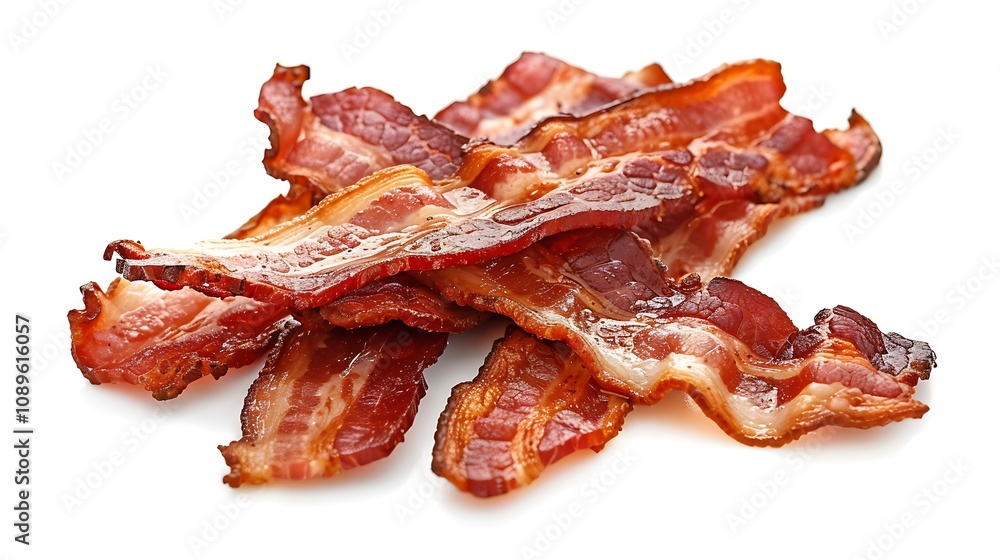 A close-up of crispy bacon strips arranged on a white background, showcasing their texture and color. A close-up of crispy bacon strips arranged on a white background, showcasing their texture and color.