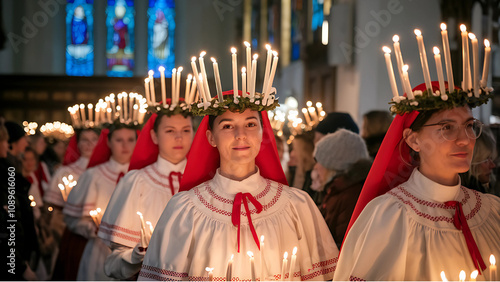 A photo of St. Lucy's Day celebration with a procession of people wearing traditional costumes. The costumes are white and red, with a crown of candles on the head.  photo