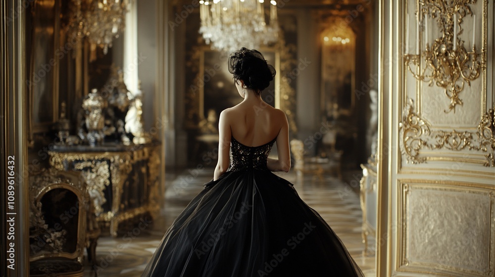Fototapeta premium Elegant woman in black gown, back view, opulent palace interior.